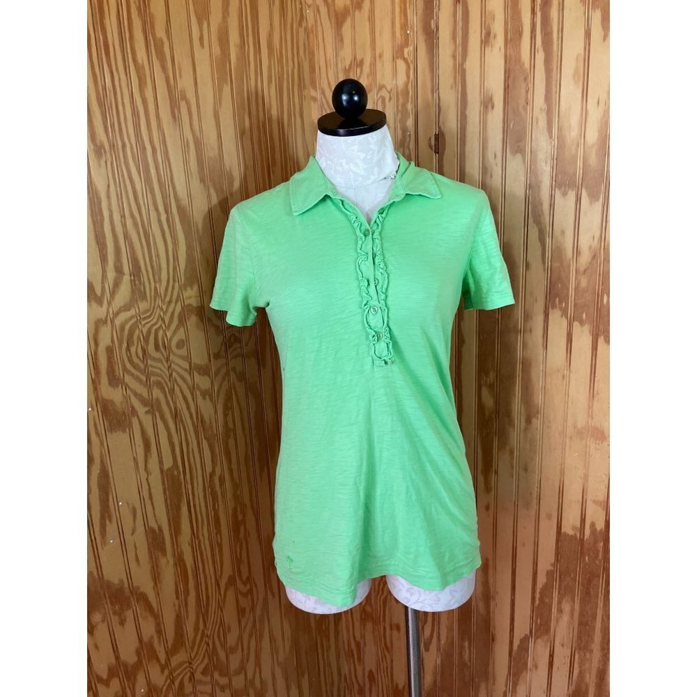 Lilly Pulitizer Trophy Polo Ruffle Shirt Pullover Top Short Sleeve Green M‎